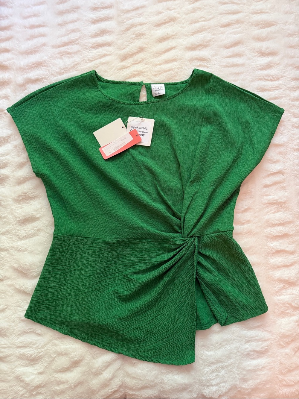 Cozy Casual Emerald Green Twist-Front Cap Sleeve Blouse